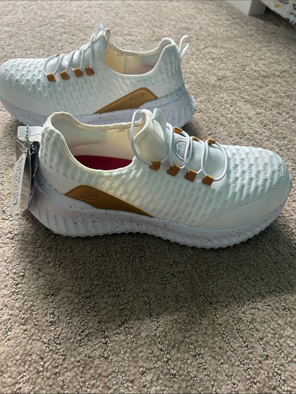 Skechers White Knit Slip-On Sneakers with Gold Accent Loops - Picture 13 of 13